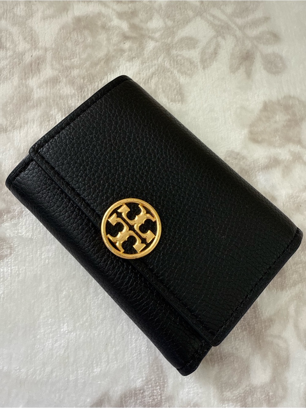 Tory Burch Medium Miller Flap Trifold Wallet Black Pebbled Leather Compact